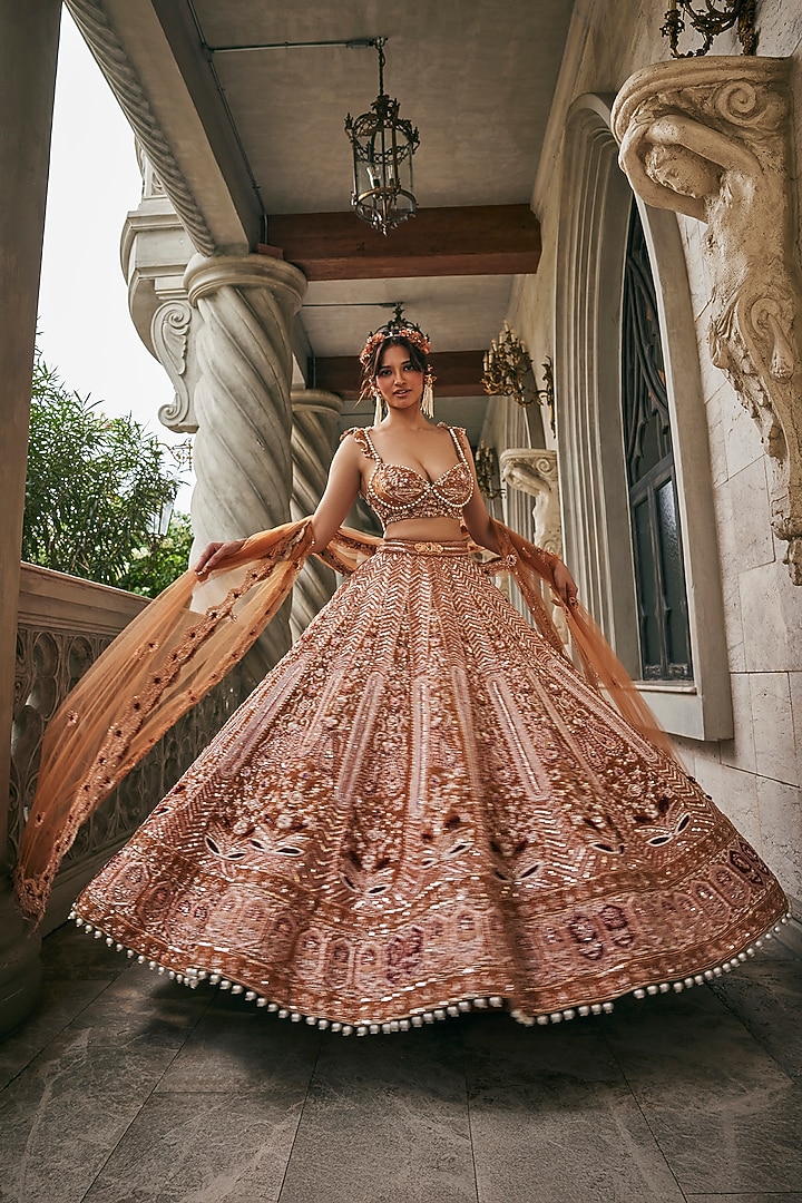Honey Bronze Raw Silk Pearl & Thread Embroidered Bridal Bridal Lehenga Set by Jigar & Nikita at Pernia's Pop Up Shop