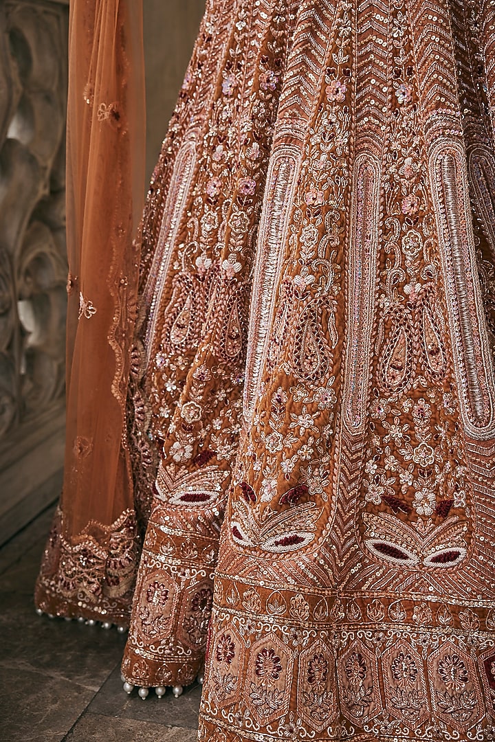 Honey Bronze Raw Silk Pearl & Thread Embroidered Bridal Bridal Lehenga Set by Jigar & Nikita at Pernia's Pop Up Shop