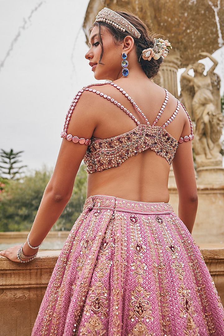 Flamingo Pink Habutai Silk Kasab Embroidered Bridal Bridal Lehenga Set by Jigar & Nikita at Pernia's Pop Up Shop