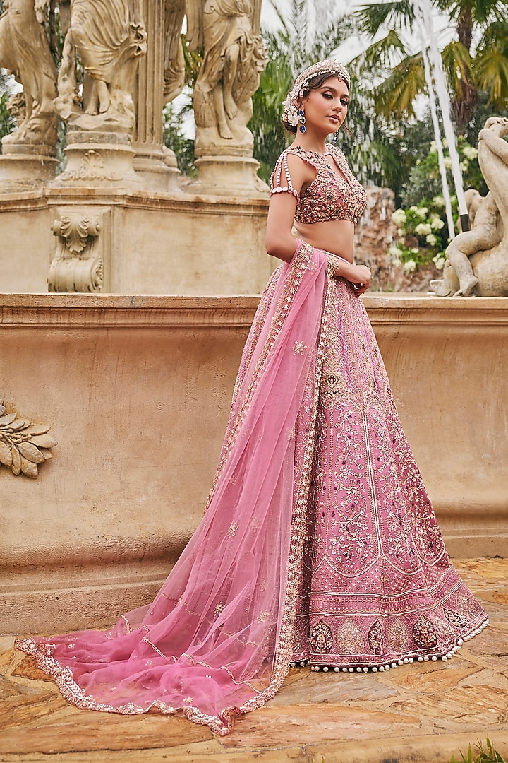 Flamingo Pink Habutai Silk Kasab Embroidered Bridal Bridal Lehenga Set by Jigar & Nikita at Pernia's Pop Up Shop