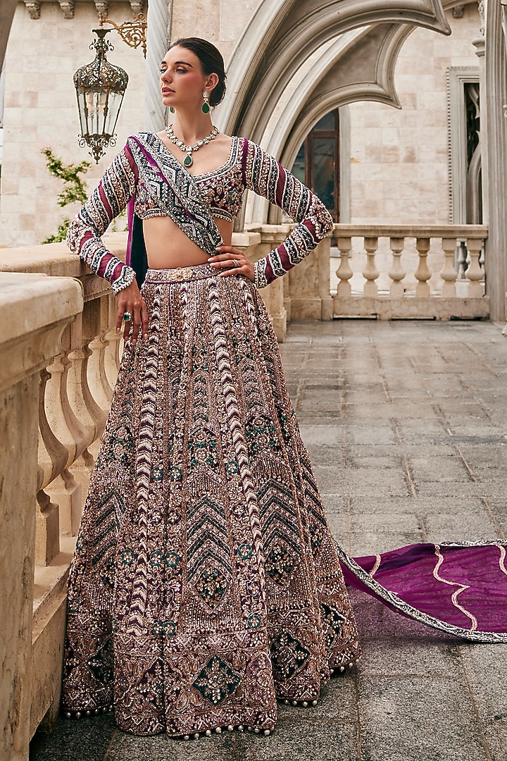 Deep Berry Wine & Deep Teal Habutai Silk Zardosi Embroidered Bridal Bridal Lehenga Set by Jigar & Nikita at Pernia's Pop Up Shop