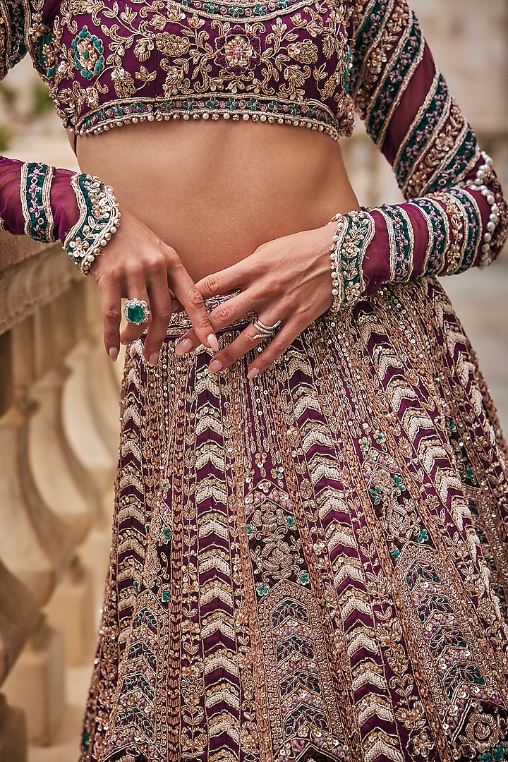 Deep Berry Wine & Deep Teal Habutai Silk Zardosi Embroidered Bridal Bridal Lehenga Set by Jigar & Nikita at Pernia's Pop Up Shop
