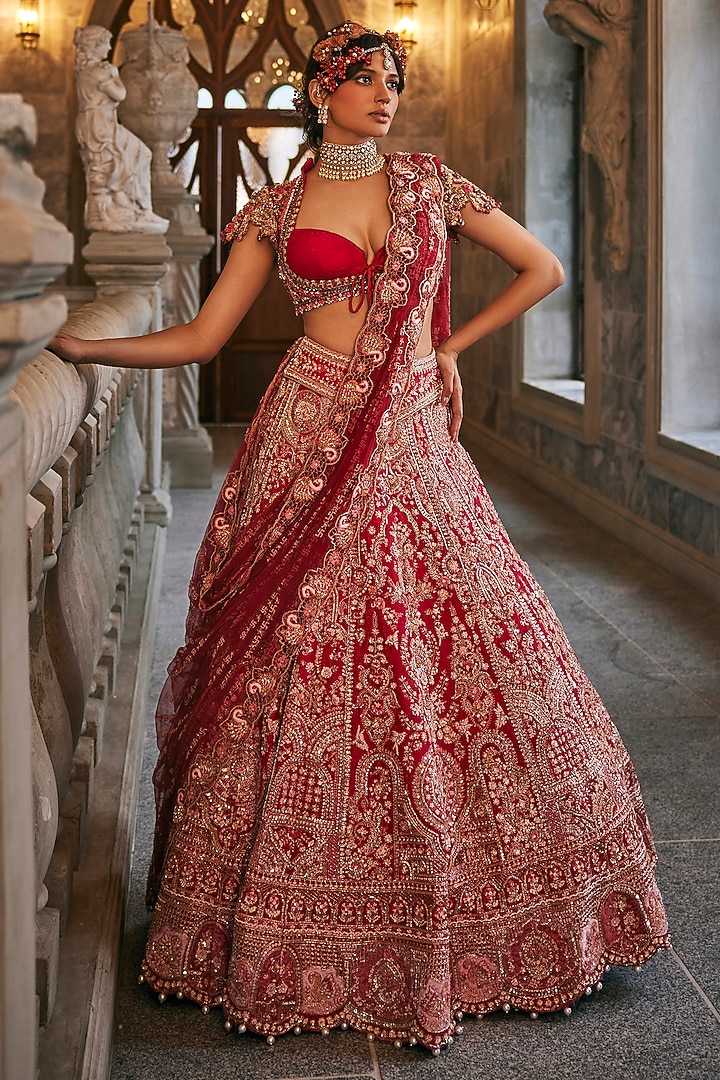 Raspberry Pink Raw Silk Zardosi Embroidered Bridal Bridal Lehenga Set by Jigar & Nikita at Pernia's Pop Up Shop