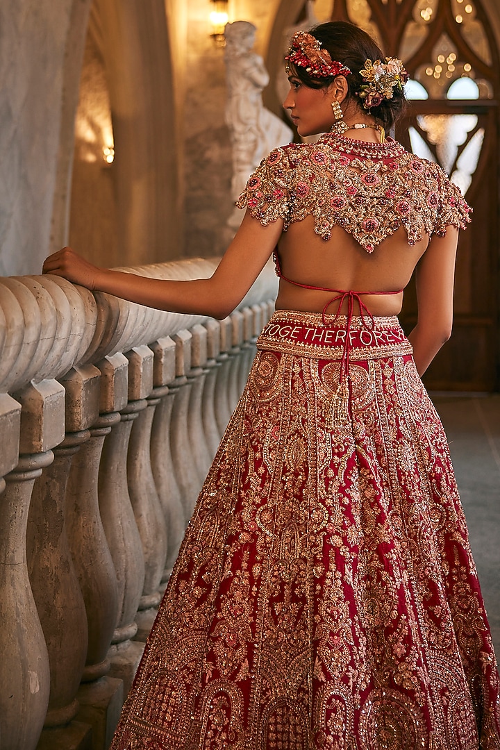 Raspberry Pink Raw Silk Zardosi Embroidered Bridal Bridal Lehenga Set by Jigar & Nikita at Pernia's Pop Up Shop