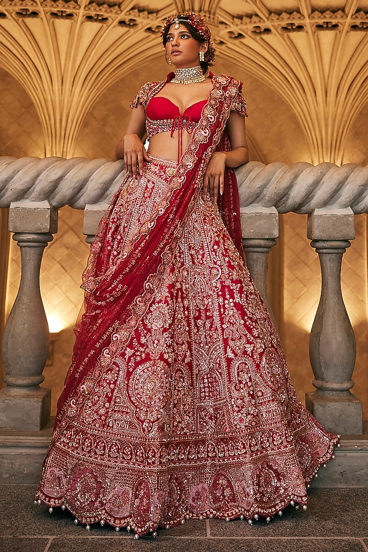 Raspberry Pink Raw Silk Zardosi Embroidered Bridal Bridal Lehenga Set by Jigar & Nikita at Pernia's Pop Up Shop
