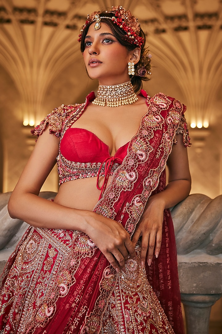 Raspberry Pink Raw Silk Zardosi Embroidered Bridal Bridal Lehenga Set by Jigar & Nikita at Pernia's Pop Up Shop