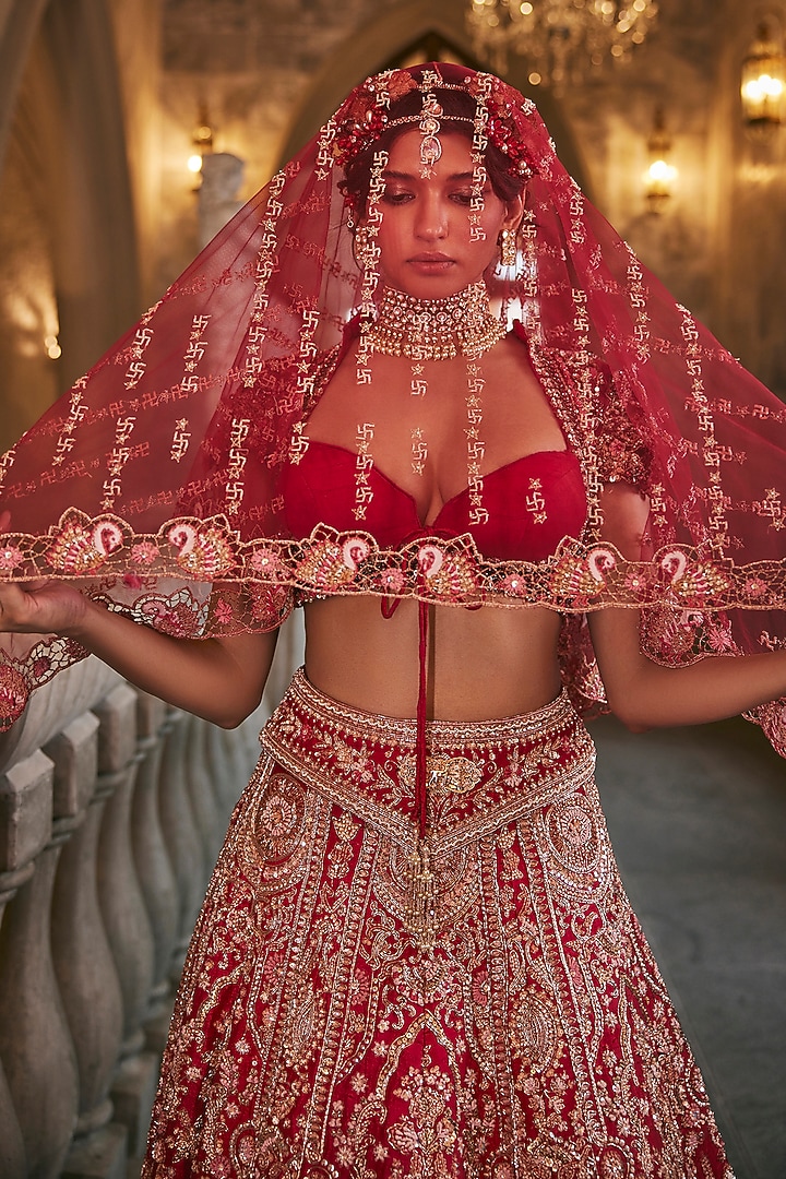 Raspberry Pink Raw Silk Zardosi Embroidered Bridal Bridal Lehenga Set by Jigar & Nikita at Pernia's Pop Up Shop
