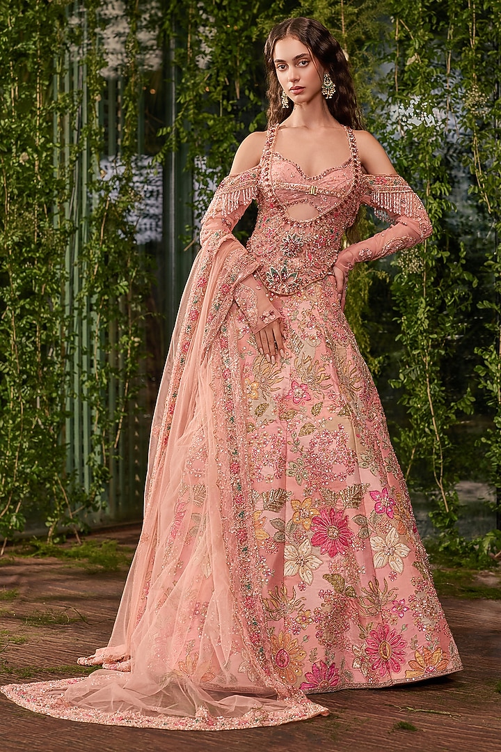 Apricot Peach Silk Sequin Hand Embroidered Bridal Bridal Lehenga Set by Jigar & Nikita at Pernia's Pop Up Shop