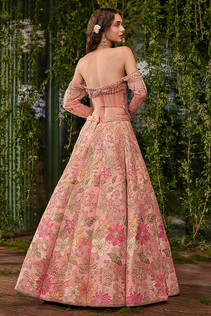 Apricot Peach Silk Sequin Hand Embroidered Bridal Bridal Lehenga Set by Jigar & Nikita at Pernia's Pop Up Shop