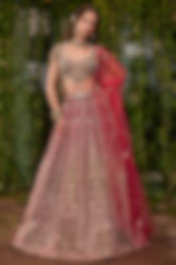 Dark Ruby Red Silk Applique Embroidered Bridal Bridal Lehenga Set by Jigar & Nikita at Pernia's Pop Up Shop
