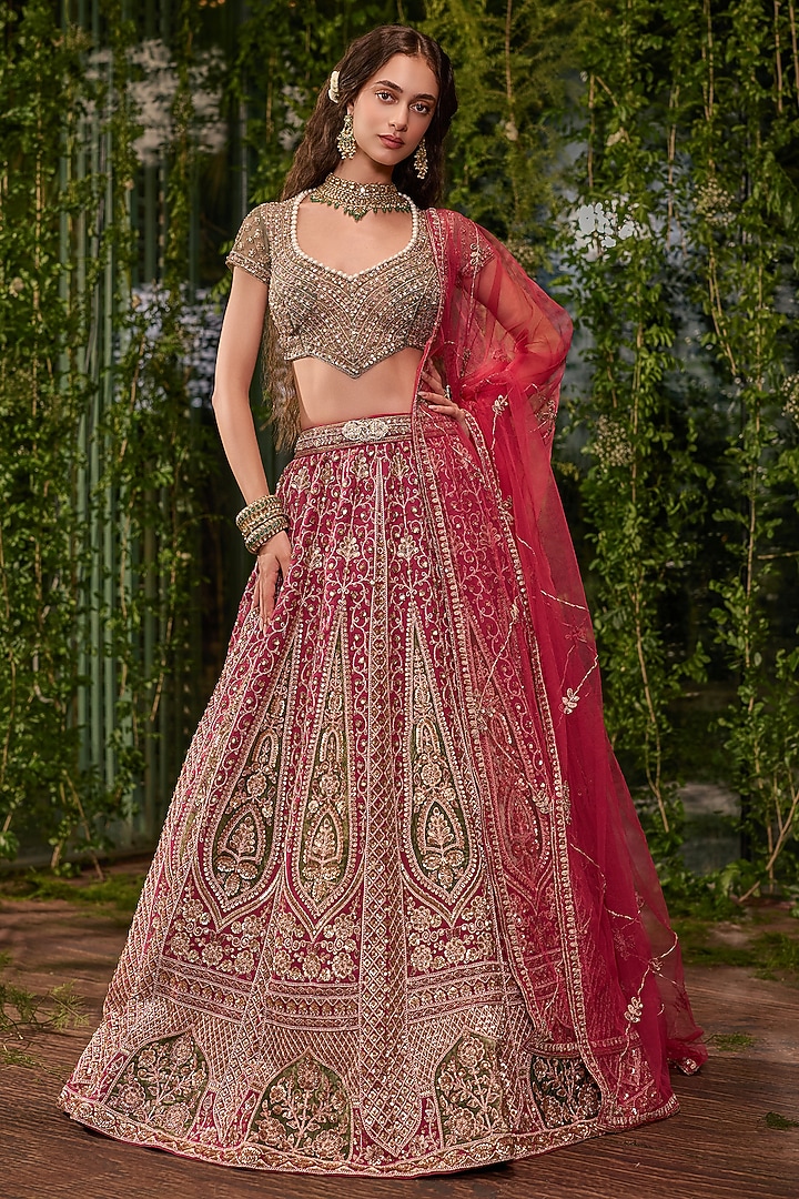 Dark Ruby Red Silk Applique Embroidered Bridal Bridal Lehenga Set by Jigar & Nikita at Pernia's Pop Up Shop