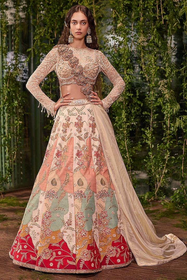 Ivory Silk 3D Floral Hand Embroidered Bridal Bridal Lehenga Set by Jigar & Nikita at Pernia's Pop Up Shop