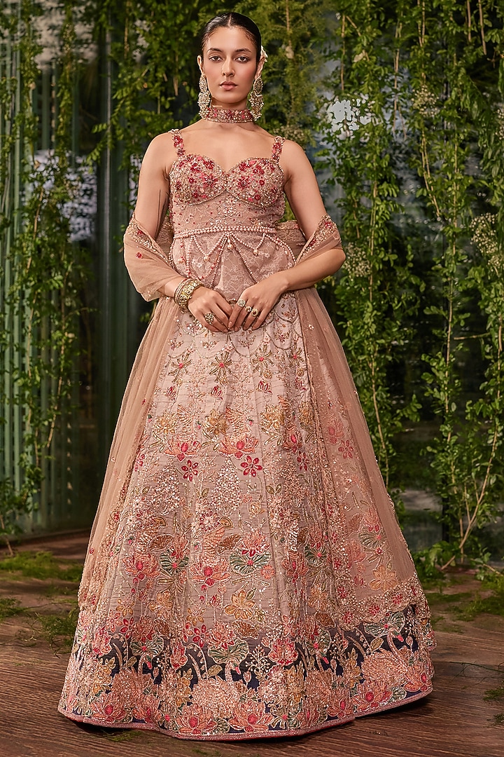 Taupe Silk Floral Printed & Pearl Embellished Bridal Bridal Lehenga Set by Jigar & Nikita at Pernia's Pop Up Shop