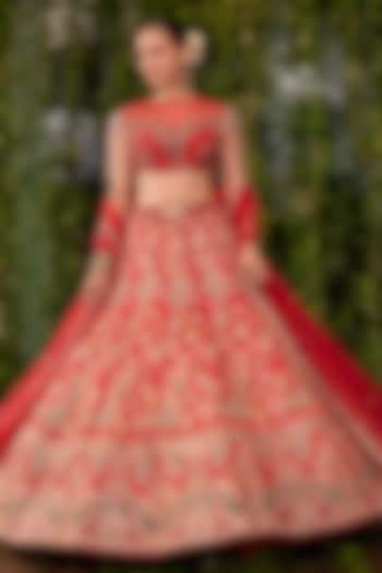 Red Silk Printed & Crystal Embroidered Bridal Bridal Lehenga Set by Jigar & Nikita at Pernia's Pop Up Shop