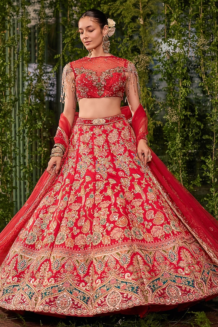 Red Silk Printed & Crystal Embroidered Bridal Bridal Lehenga Set by Jigar & Nikita at Pernia's Pop Up Shop