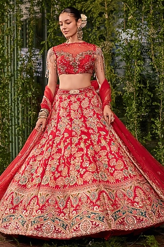 Red Silk Printed & Crystal Embroidered Bridal Lehenga Set by jigar & nikita