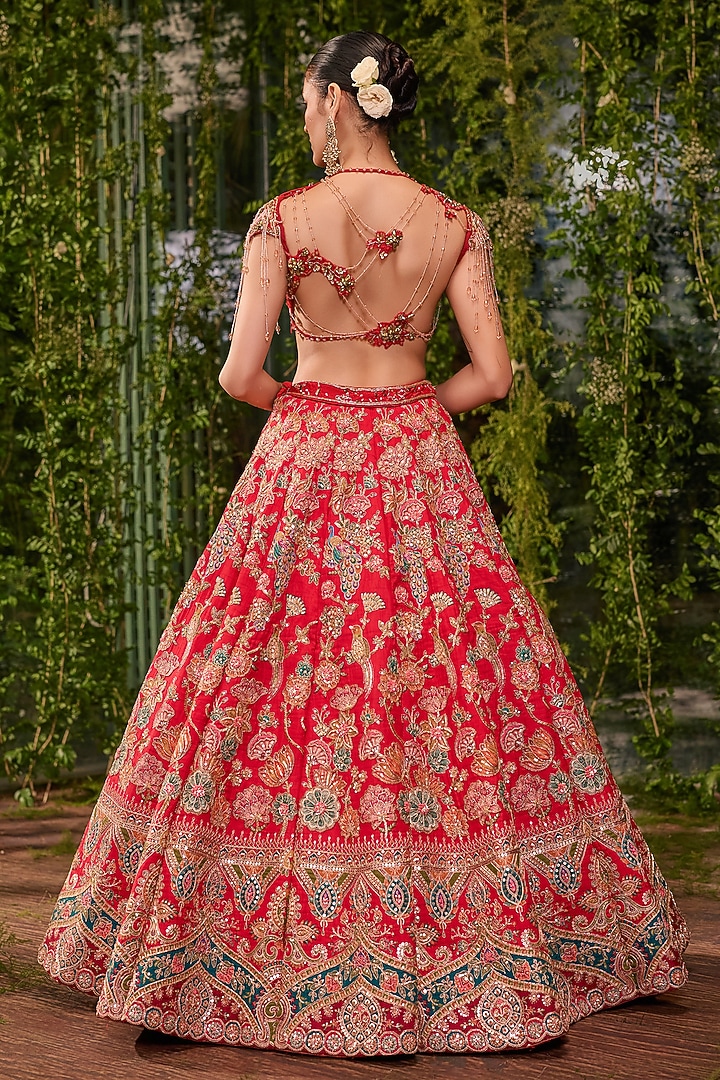 Red Silk Printed & Crystal Embroidered Bridal Bridal Lehenga Set by Jigar & Nikita at Pernia's Pop Up Shop