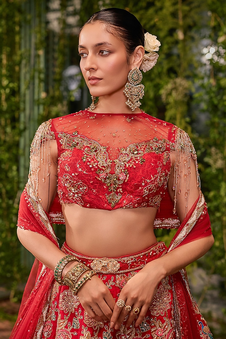 Red Silk Printed & Crystal Embroidered Bridal Bridal Lehenga Set by Jigar & Nikita at Pernia's Pop Up Shop