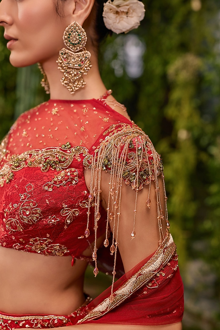 Red Silk Printed & Crystal Embroidered Bridal Bridal Lehenga Set by Jigar & Nikita at Pernia's Pop Up Shop