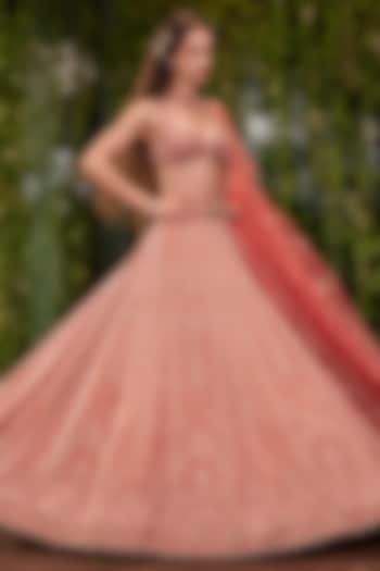 Coral Rose Shimmer Tissue Silk Zardosi Embellished Bridal Bridal Lehenga Set by Jigar & Nikita at Pernia's Pop Up Shop