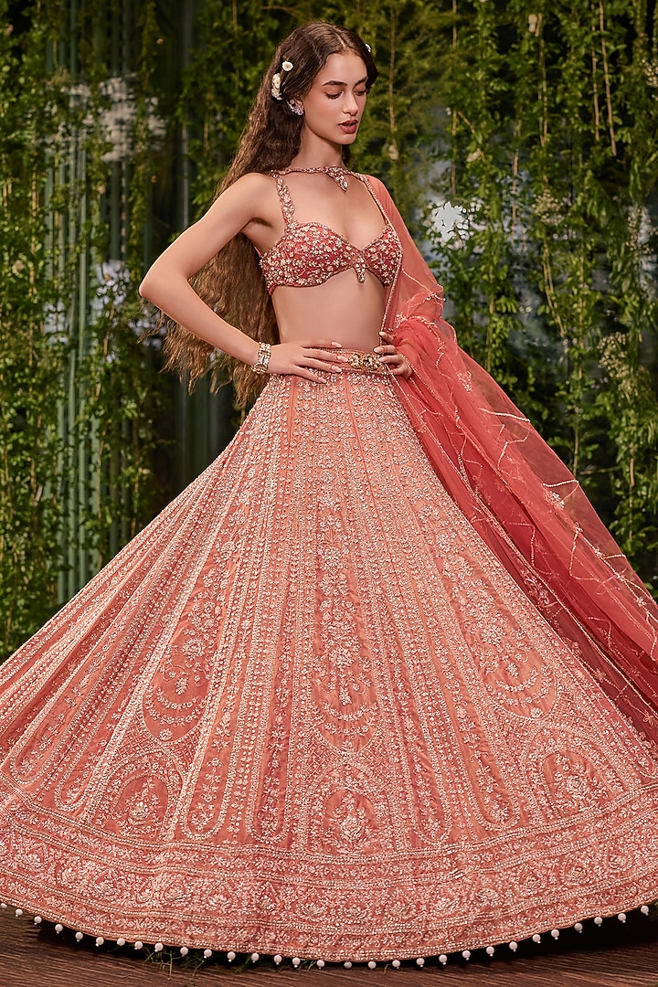 Coral Rose Shimmer Tissue Silk Zardosi Embellished Bridal Bridal Lehenga Set by Jigar & Nikita at Pernia's Pop Up Shop