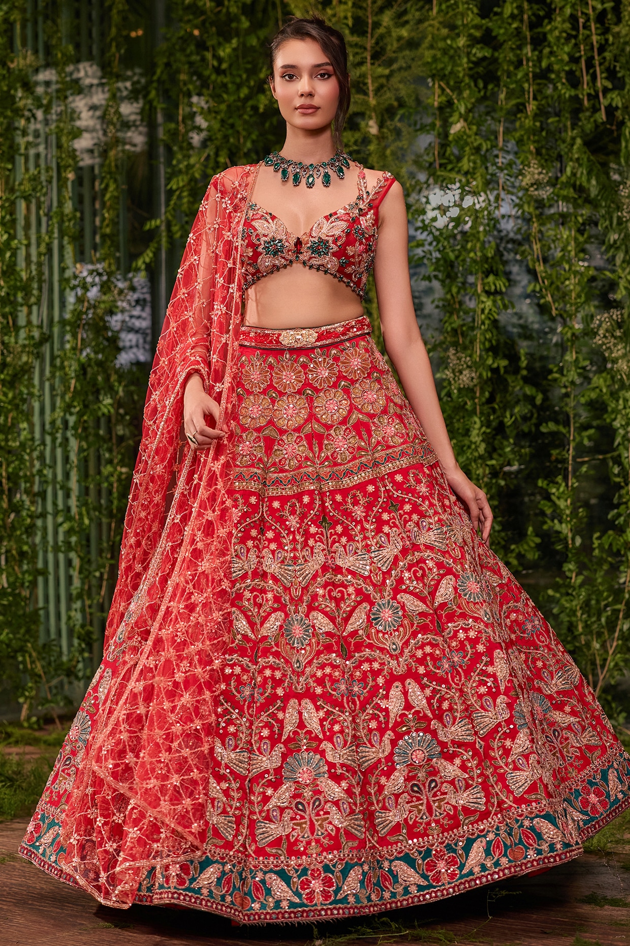 Jigar & Nikita Red Silk Printed & Zardosi Embroidered Bridal Lehenga Set