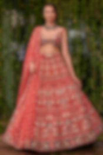 Red Silk Printed & Zardosi Embroidered Bridal Bridal Lehenga Set by Jigar & Nikita at Pernia's Pop Up Shop