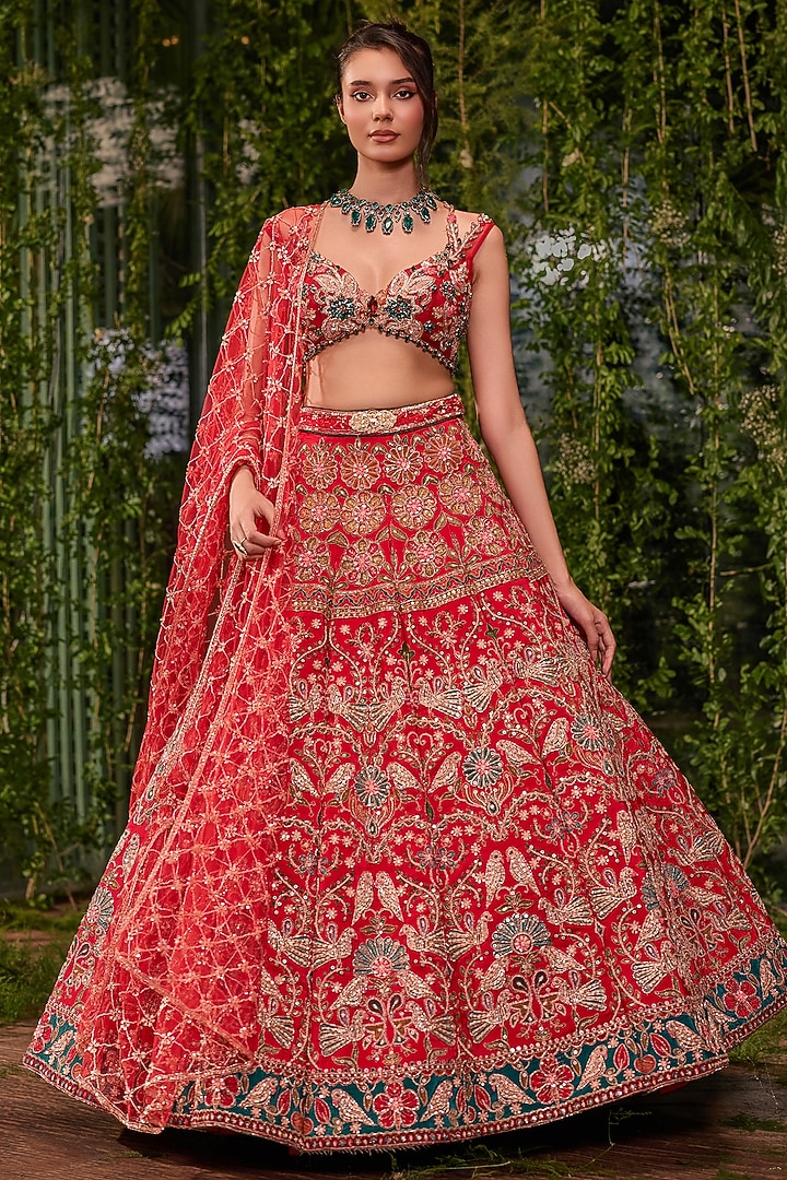 Red Silk Printed & Zardosi Embroidered Bridal Bridal Lehenga Set by Jigar & Nikita at Pernia's Pop Up Shop