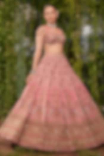 Warm Rose Pink Silk Printed & Hand Embroidered Bridal Bridal Lehenga Set by Jigar & Nikita at Pernia's Pop Up Shop