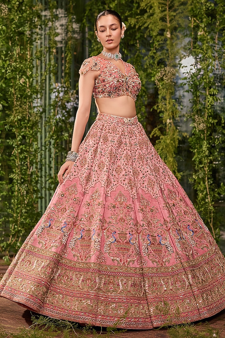 Warm Rose Pink Silk Printed & Hand Embroidered Bridal Bridal Lehenga Set by Jigar & Nikita at Pernia's Pop Up Shop