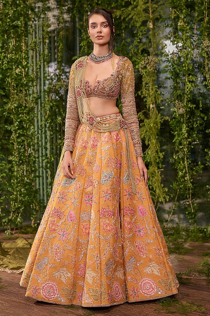 Golden Saffron Silk Pearl Hand Embroidered Bridal Bridal Lehenga Set by Jigar & Nikita at Pernia's Pop Up Shop