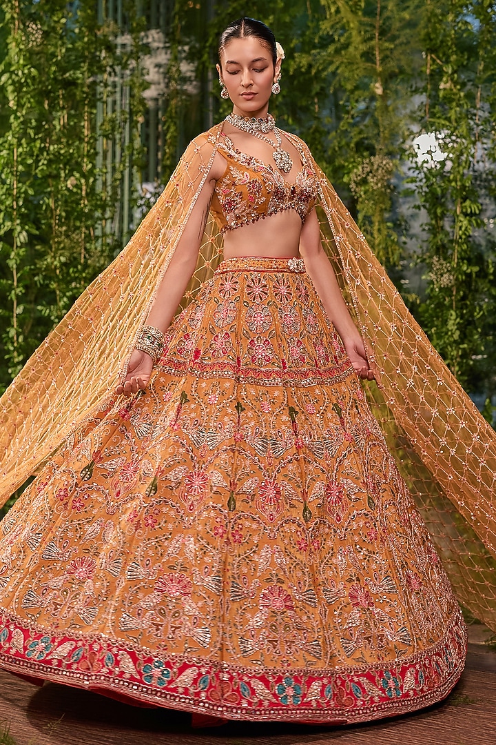 Amber-Colored Silk Printed & Zardosi Embroidered Bridal Bridal Lehenga Set by Jigar & Nikita at Pernia's Pop Up Shop