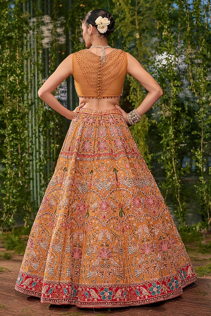 Amber-Colored Silk Printed & Zardosi Embroidered Bridal Bridal Lehenga Set by Jigar & Nikita at Pernia's Pop Up Shop
