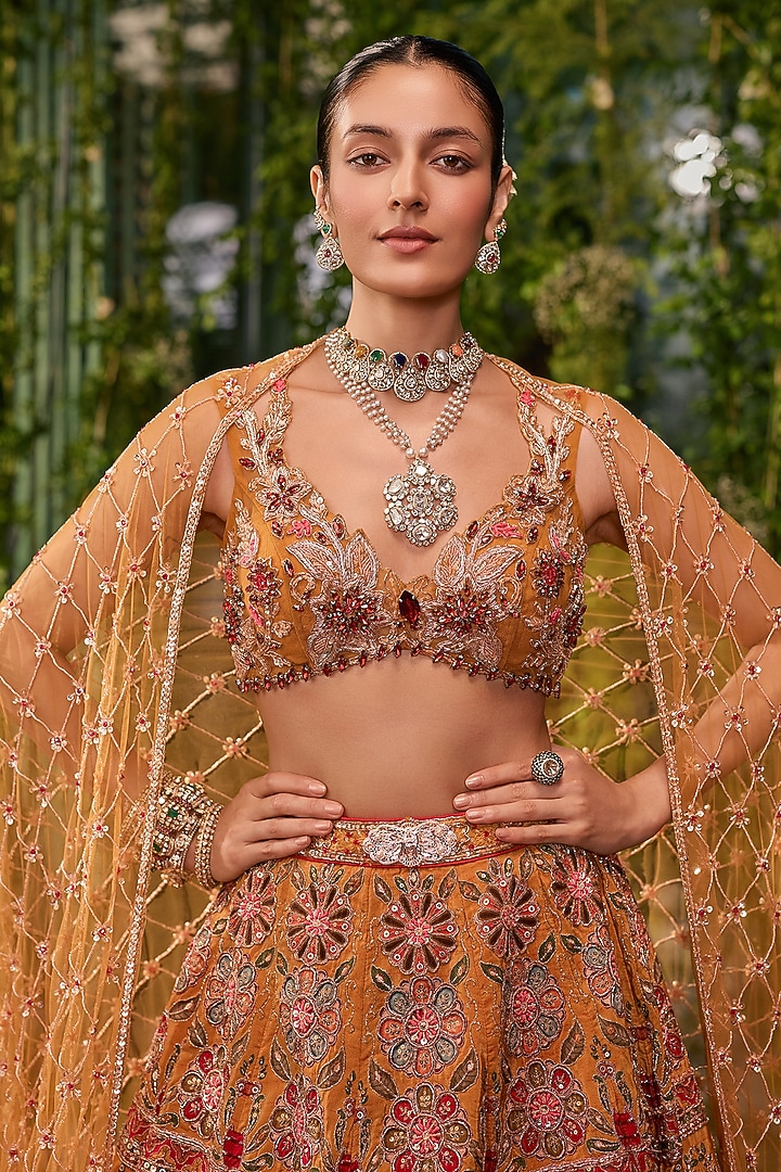 Amber-Colored Silk Printed & Zardosi Embroidered Bridal Bridal Lehenga Set by Jigar & Nikita at Pernia's Pop Up Shop