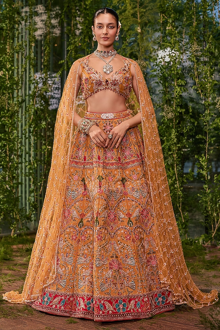 Amber-Colored Silk Printed & Zardosi Embroidered Bridal Bridal Lehenga Set by Jigar & Nikita at Pernia's Pop Up Shop