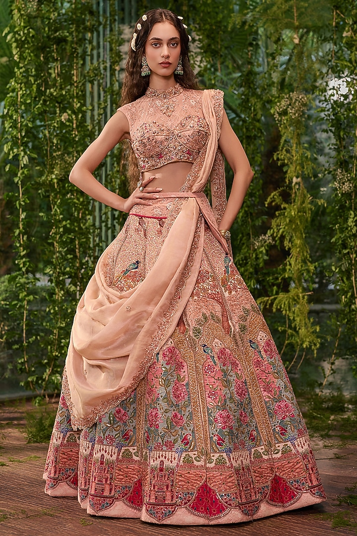 Peach Pale Silk Printed & Applique Embroidered Bridal Bridal Lehenga Set by Jigar & Nikita at Pernia's Pop Up Shop