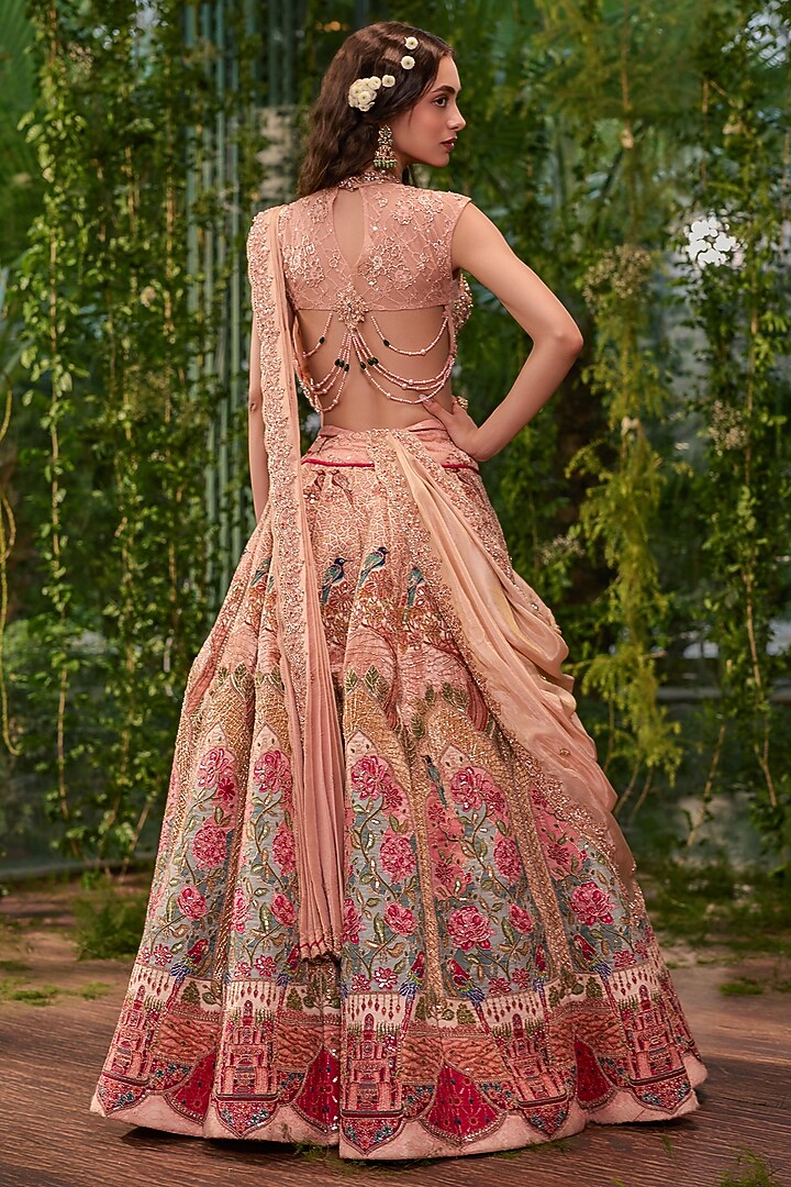 Peach Pale Silk Printed & Applique Embroidered Bridal Bridal Lehenga Set by Jigar & Nikita at Pernia's Pop Up Shop
