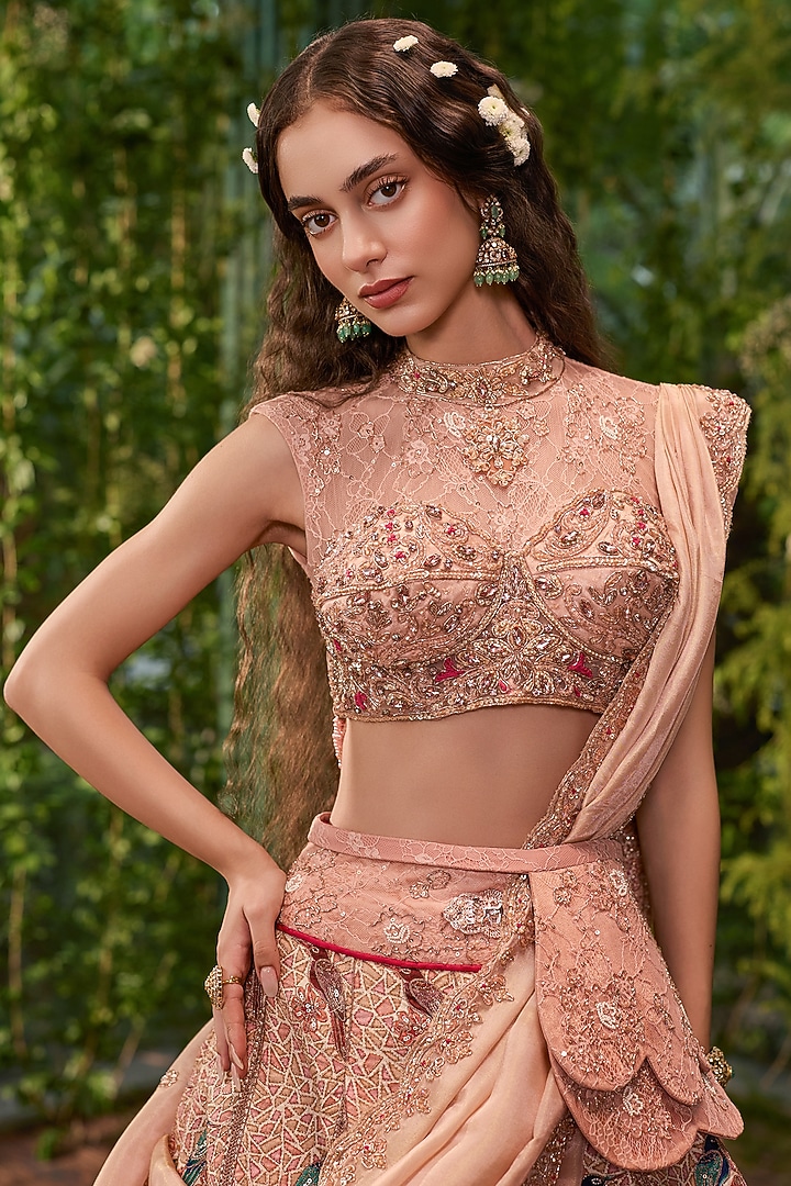 Peach Pale Silk Printed & Applique Embroidered Bridal Bridal Lehenga Set by Jigar & Nikita at Pernia's Pop Up Shop