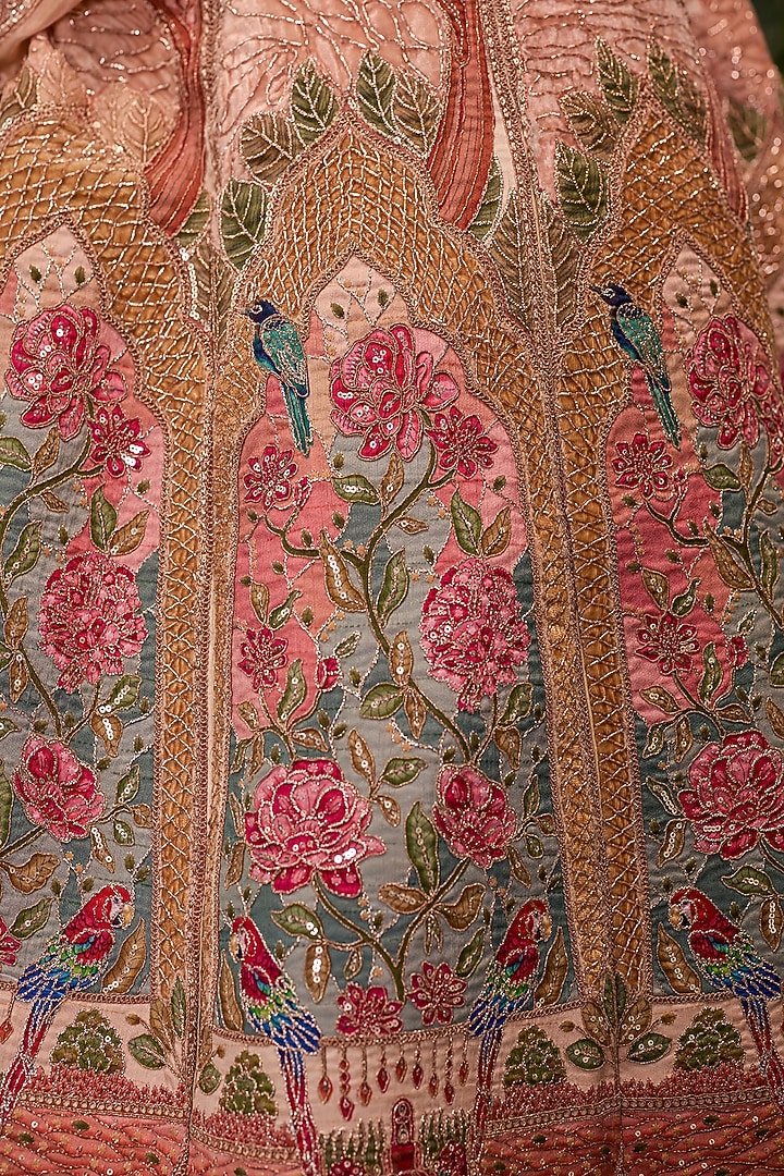 Peach Pale Silk Printed & Applique Embroidered Bridal Bridal Lehenga Set by Jigar & Nikita at Pernia's Pop Up Shop