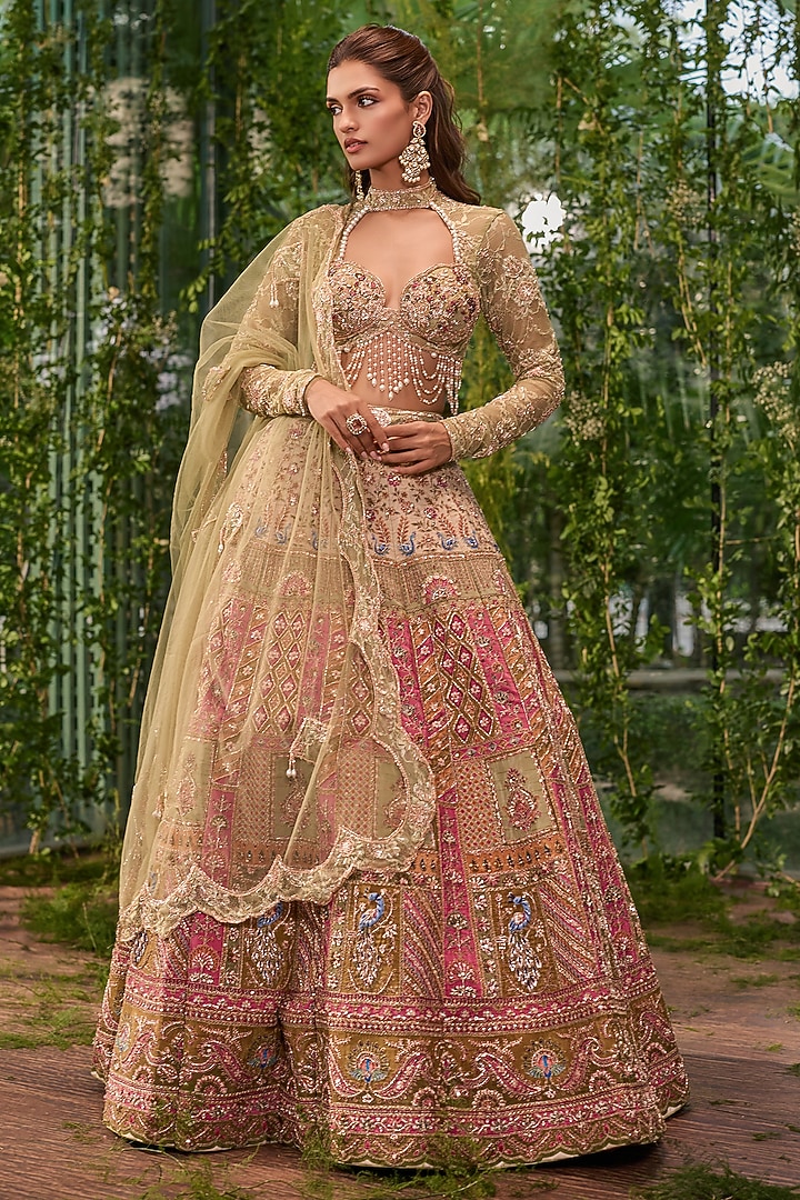 Pistachio Veil Green Silk Printed & Embroidered Bridal Bridal Lehenga Set by Jigar & Nikita at Pernia's Pop Up Shop