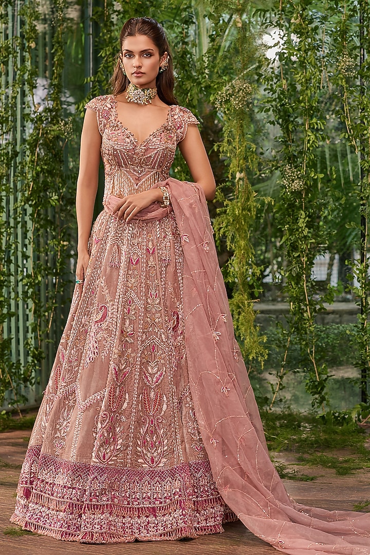 Mauveine Velvet Peacock Motif Embroidered Bridal Bridal Lehenga Set by Jigar & Nikita at Pernia's Pop Up Shop