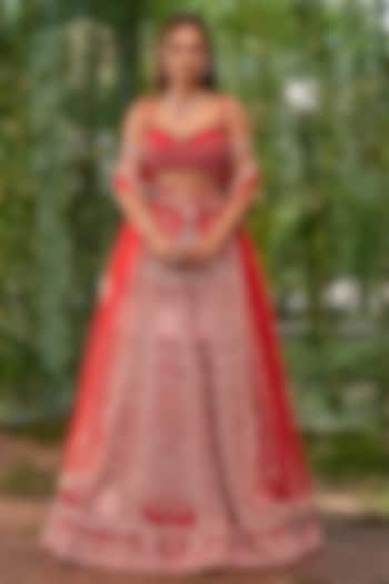 Vermillion Red Silk Pearl Embroidered Bridal Bridal Lehenga Set by Jigar & Nikita at Pernia's Pop Up Shop