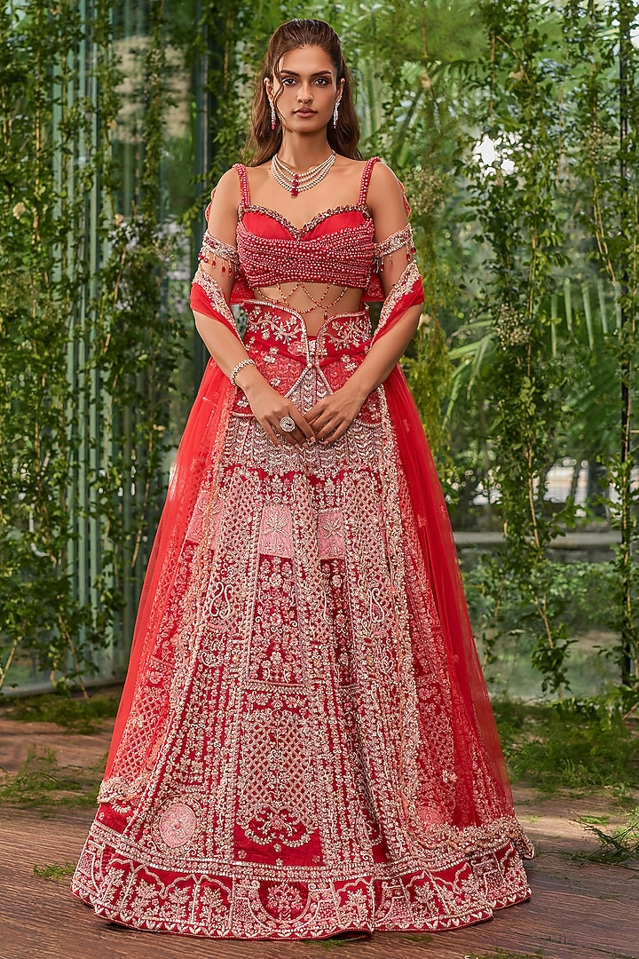 Vermillion Red Silk Pearl Embroidered Bridal Bridal Lehenga Set by Jigar & Nikita at Pernia's Pop Up Shop