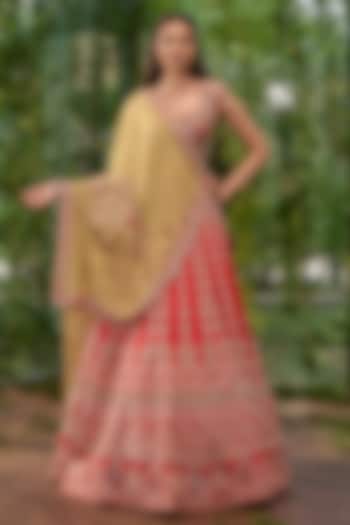 Carmine Red Silk Pearl Embroidered Bridal Bridal Lehenga Set by Jigar & Nikita at Pernia's Pop Up Shop
