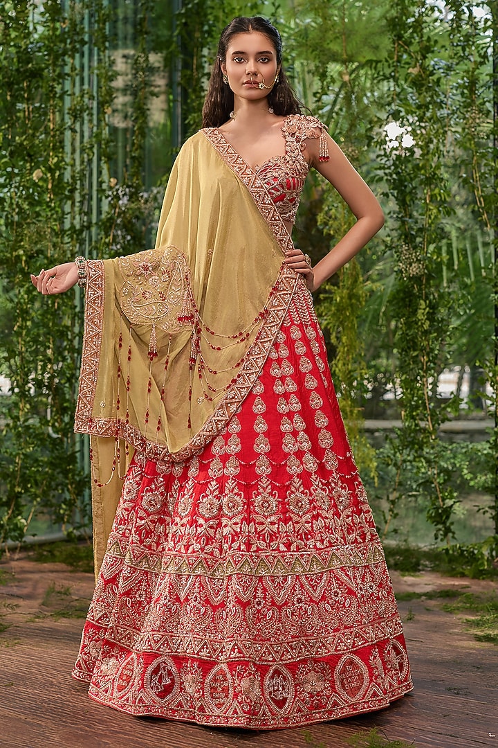 Carmine Red Silk Pearl Embroidered Bridal Bridal Lehenga Set by Jigar & Nikita at Pernia's Pop Up Shop