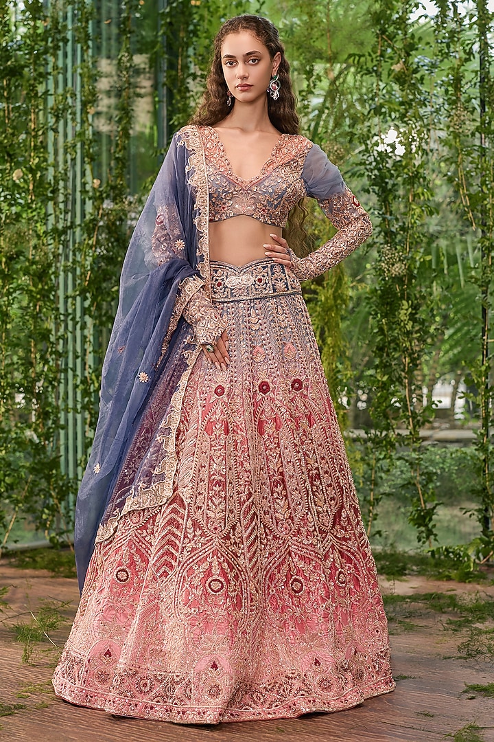 Cornflower Blue Velvet Thread Embroidered Bridal Bridal Lehenga Set by Jigar & Nikita at Pernia's Pop Up Shop