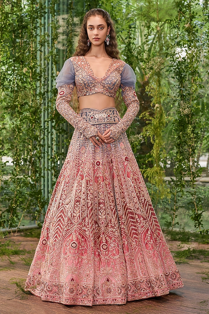 Cornflower Blue Velvet Thread Embroidered Bridal Bridal Lehenga Set by Jigar & Nikita at Pernia's Pop Up Shop