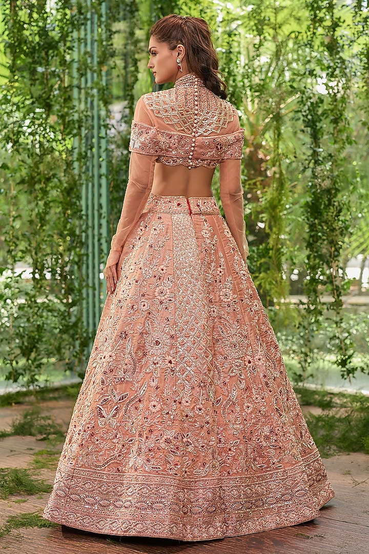 Peach Organza Floral Embroidered Bridal Bridal Lehenga Set by Jigar & Nikita at Pernia's Pop Up Shop