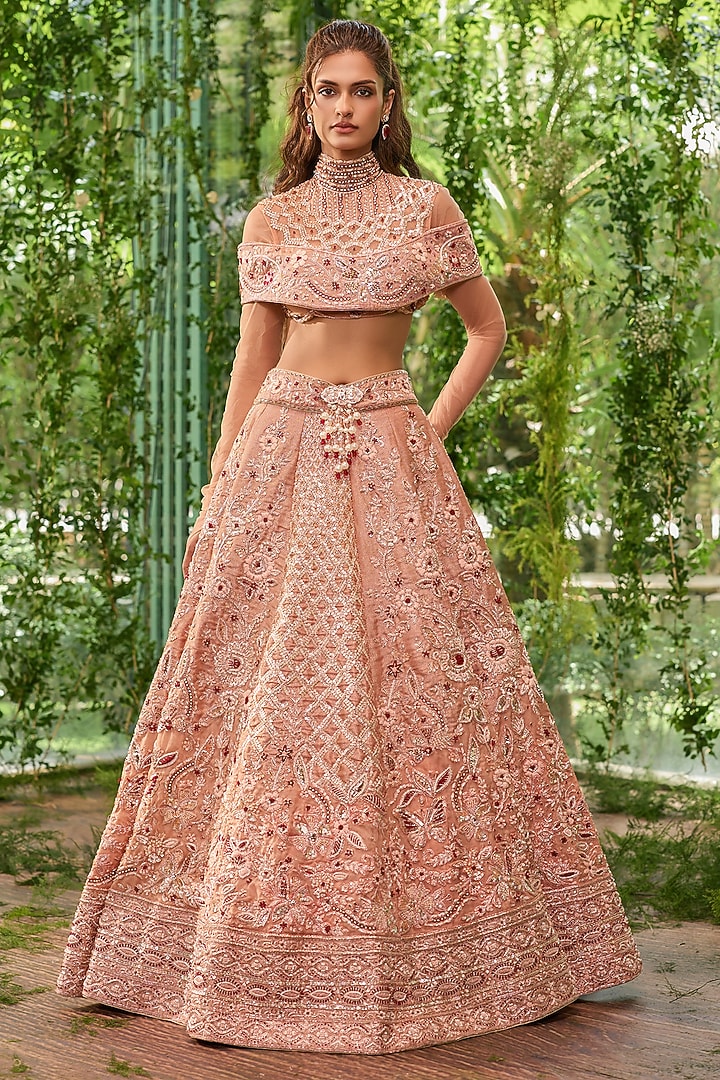 Peach Organza Floral Embroidered Bridal Bridal Lehenga Set by Jigar & Nikita at Pernia's Pop Up Shop