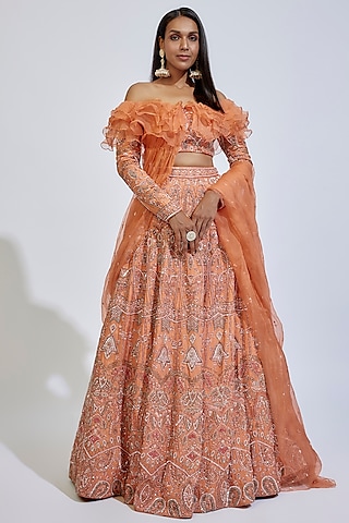 Peach Silk Hand Embellished Lehenga Set by JIGAR & NIKITA
